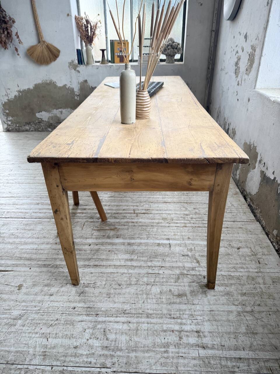 Pine and oak farmhouse table with multiple drawers, communal type, 240cm.