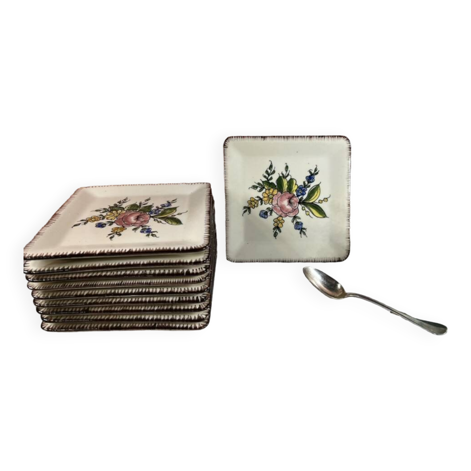 10 Square Dessert Plates by Emile Tessier, Malicorne
