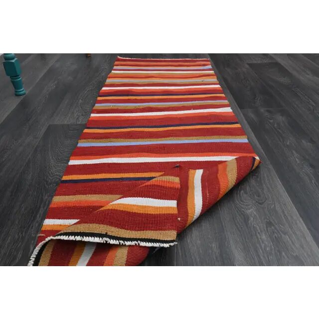 1970s Turkish Hand-Knotted Wool Cotton Red Kilim Runner Rug  62x183