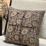 Coussin block print fleurs “jardin indien” - Brun/Jaune