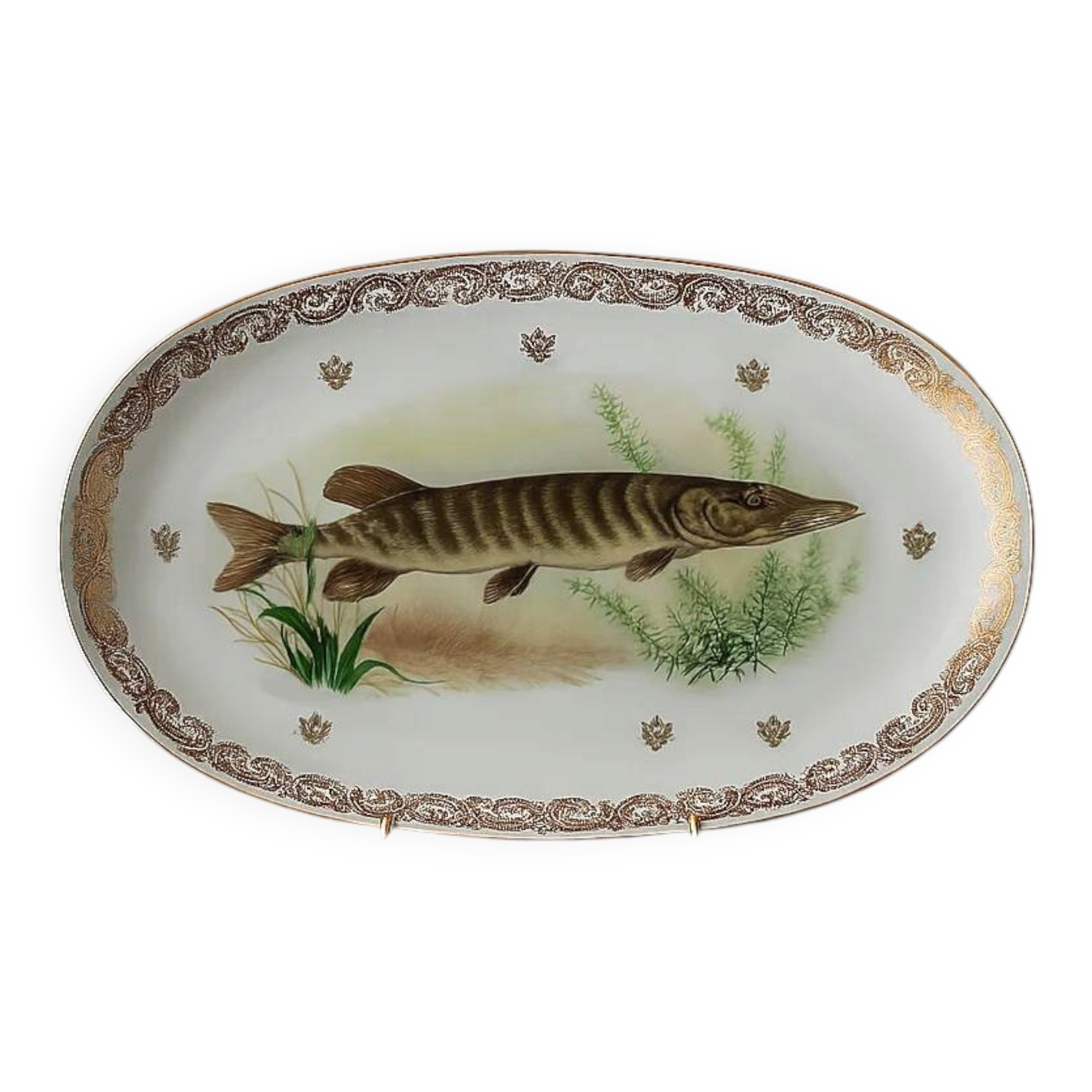 Large French porcelain dish L.C – Painted pike & gilded frieze