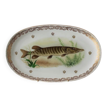 Large French porcelain dish L.C – Painted pike & gilded frieze