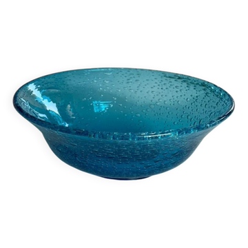 Coupe décorative en verre bullé bleu Verre soufflé bouche artisanal