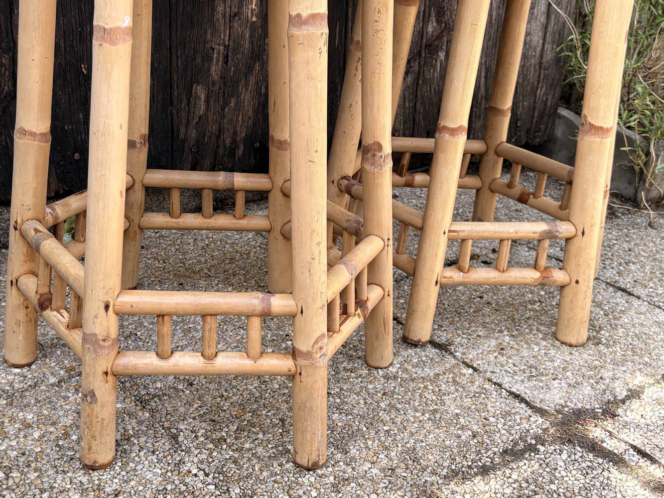 Two high bamboo stools – hexagonal top, vintage, 1970s
