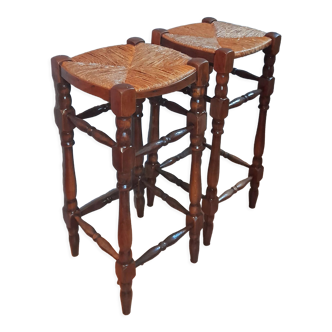 Duo of varnished turned solid wood bar stools