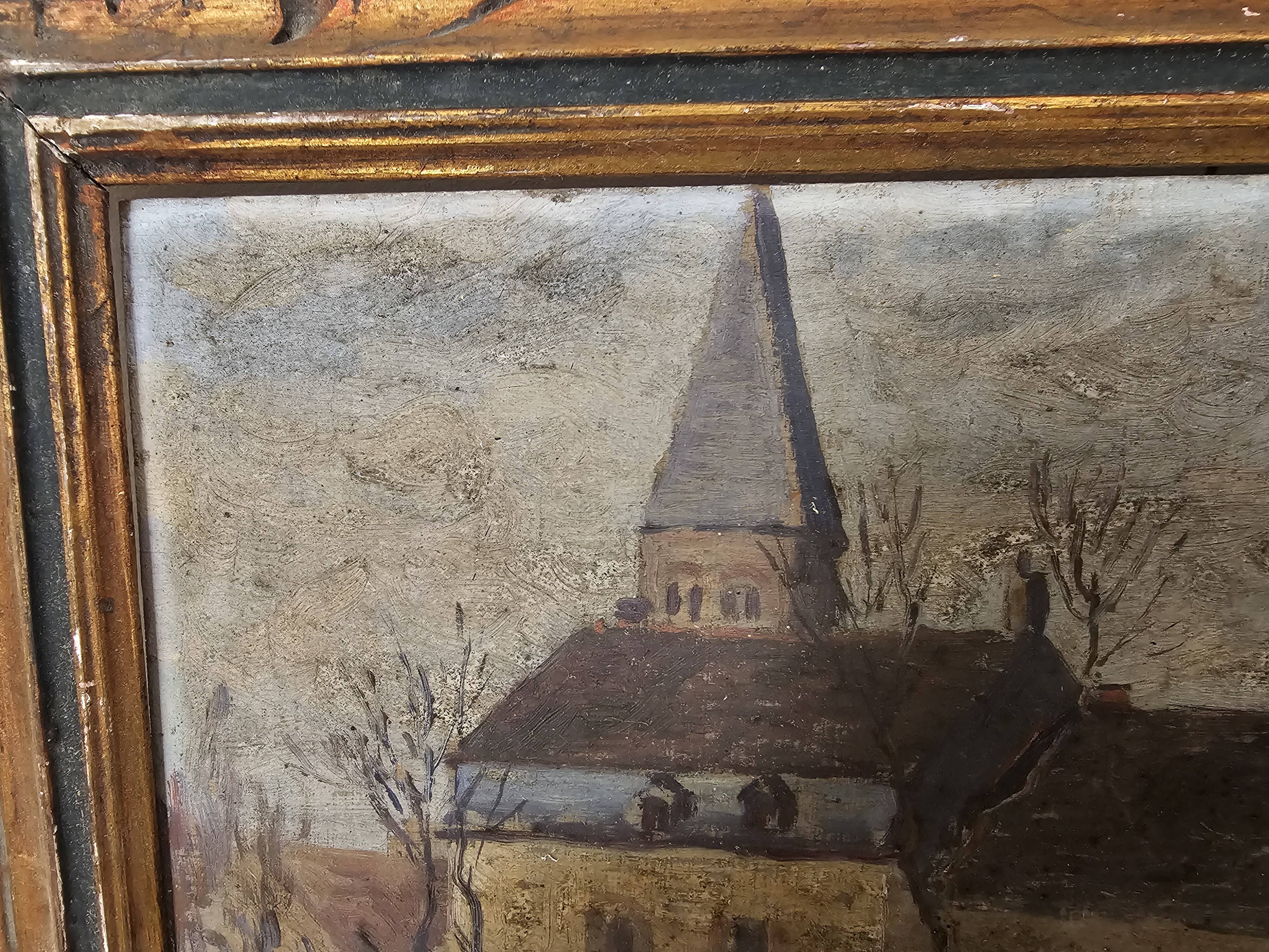 Oil on Panel Painting Animated Landscape Village Signed Gaëtan MONTAGNEY 1888