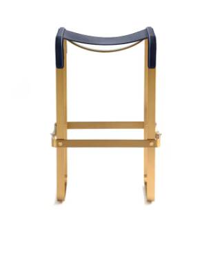 Pair of blue metal and brass stools without a backrest.