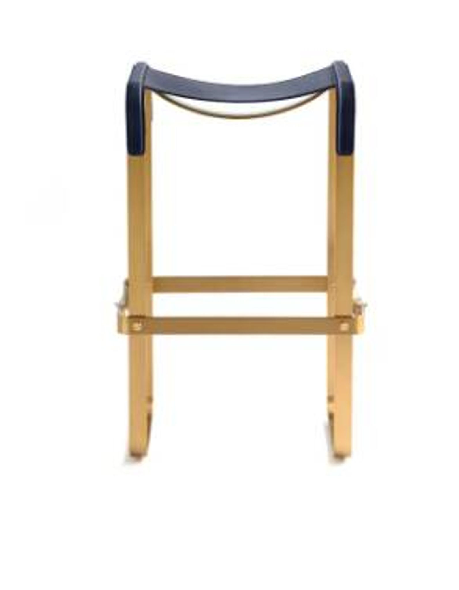 Pair of blue metal and brass stools without a backrest.