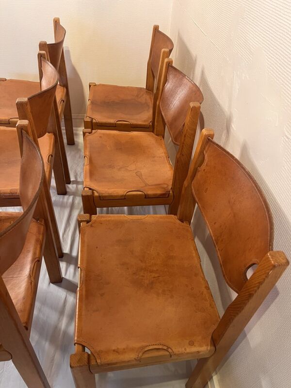 Chaises vintage en orme et cuir par Maison Regain, années 1970, lot de 6