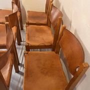 Chaises vintage en orme et cuir par Maison Regain, années 1970, lot de 6