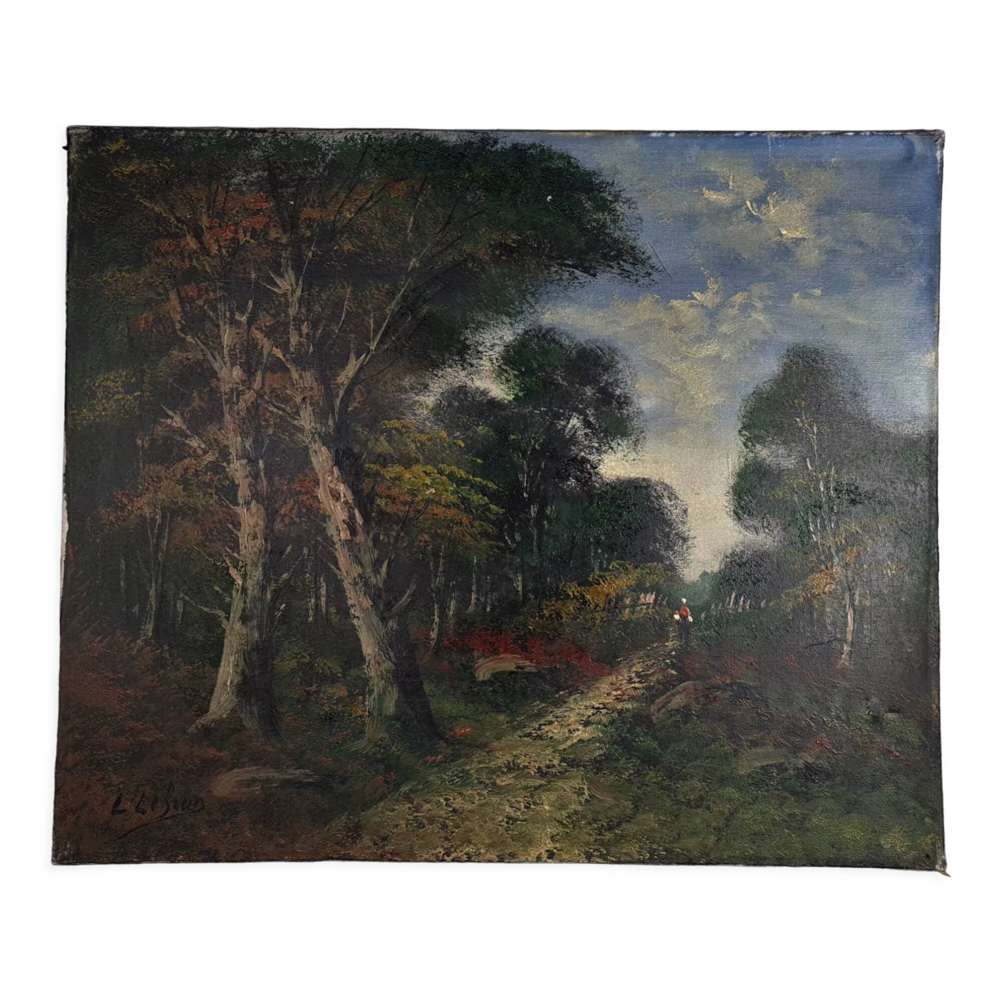 Old oil on canvas animated forest landscape 55x46 cm vintage 50s