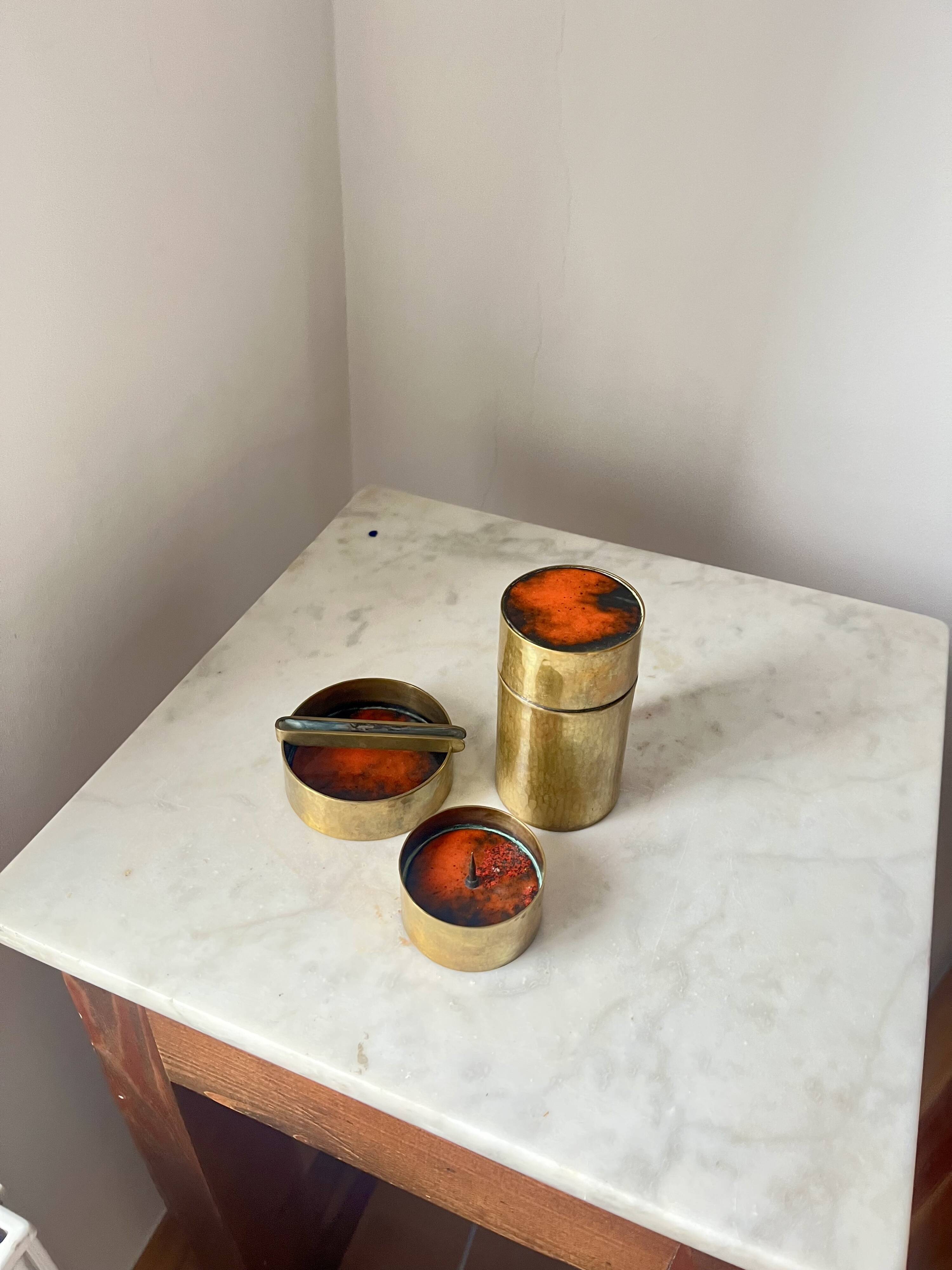 Vintage Red Enamelled Bronze Set, Ashtray, Candle Holder & Lidded Jar, 50s