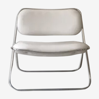 Tubular folding armchair chrome and white leather, numbered 1970