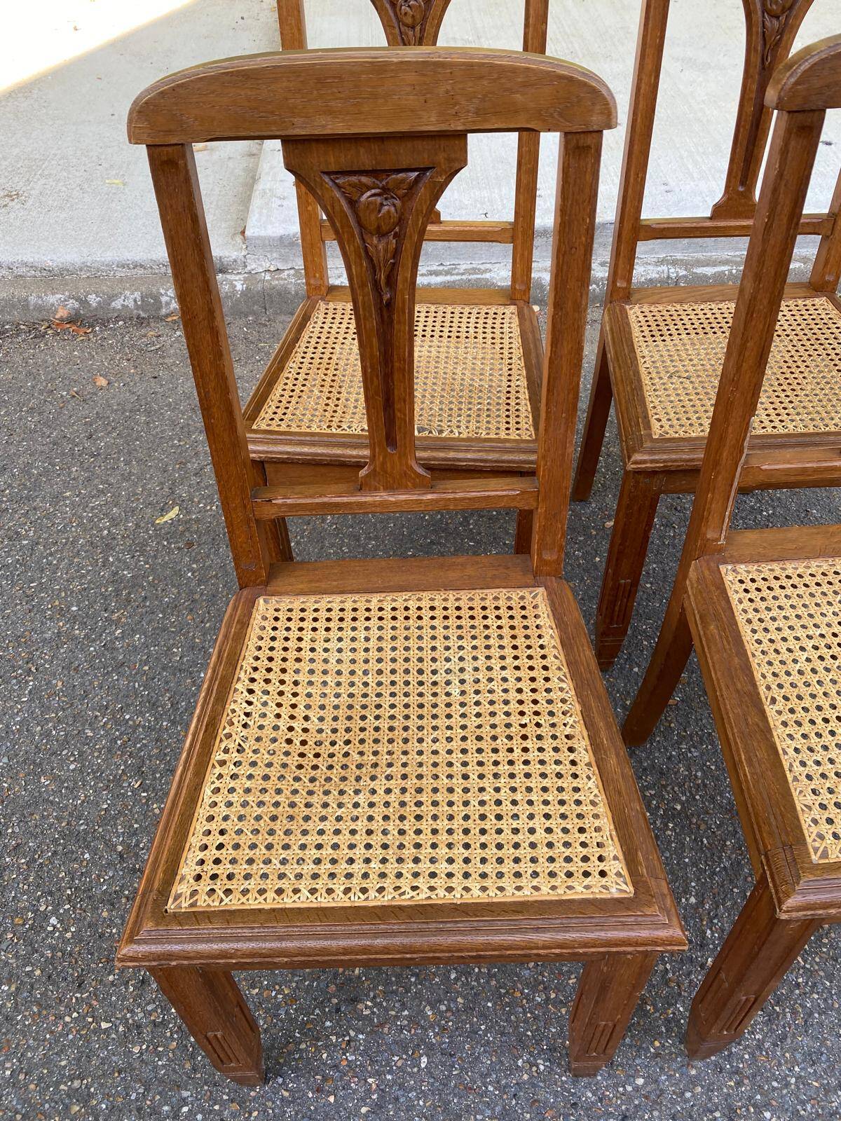 4 Art Deco chairs, solid oak, caned, 1950s.
