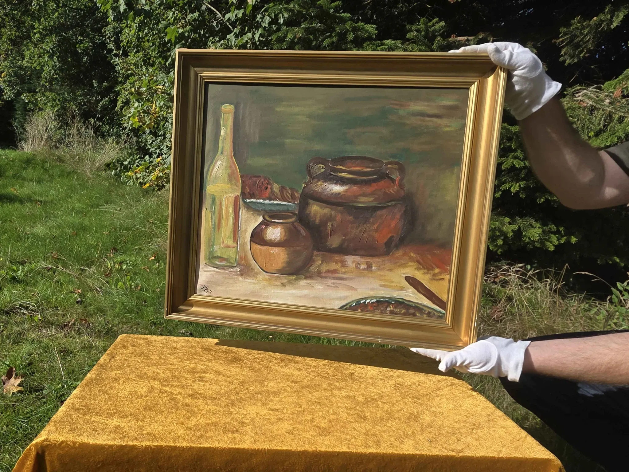 Peinture à l'huile de pot en cuivre de cuisine rustique - 1962