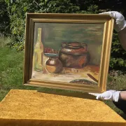 Peinture à l'huile de pot en cuivre de cuisine rustique - 1962