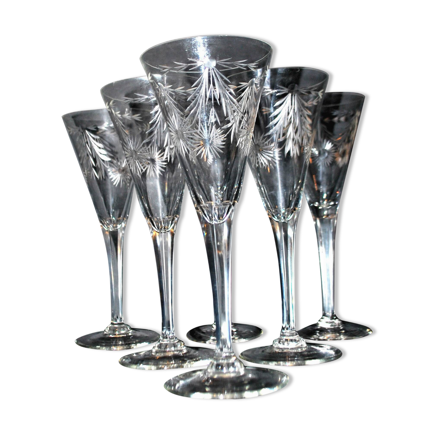 Set of 6 Roemer wine glasses Crystal flutes engraved garland 1900