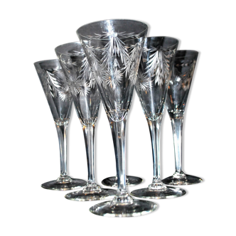 Set of 6 Roemer wine glasses Crystal flutes engraved garland 1900