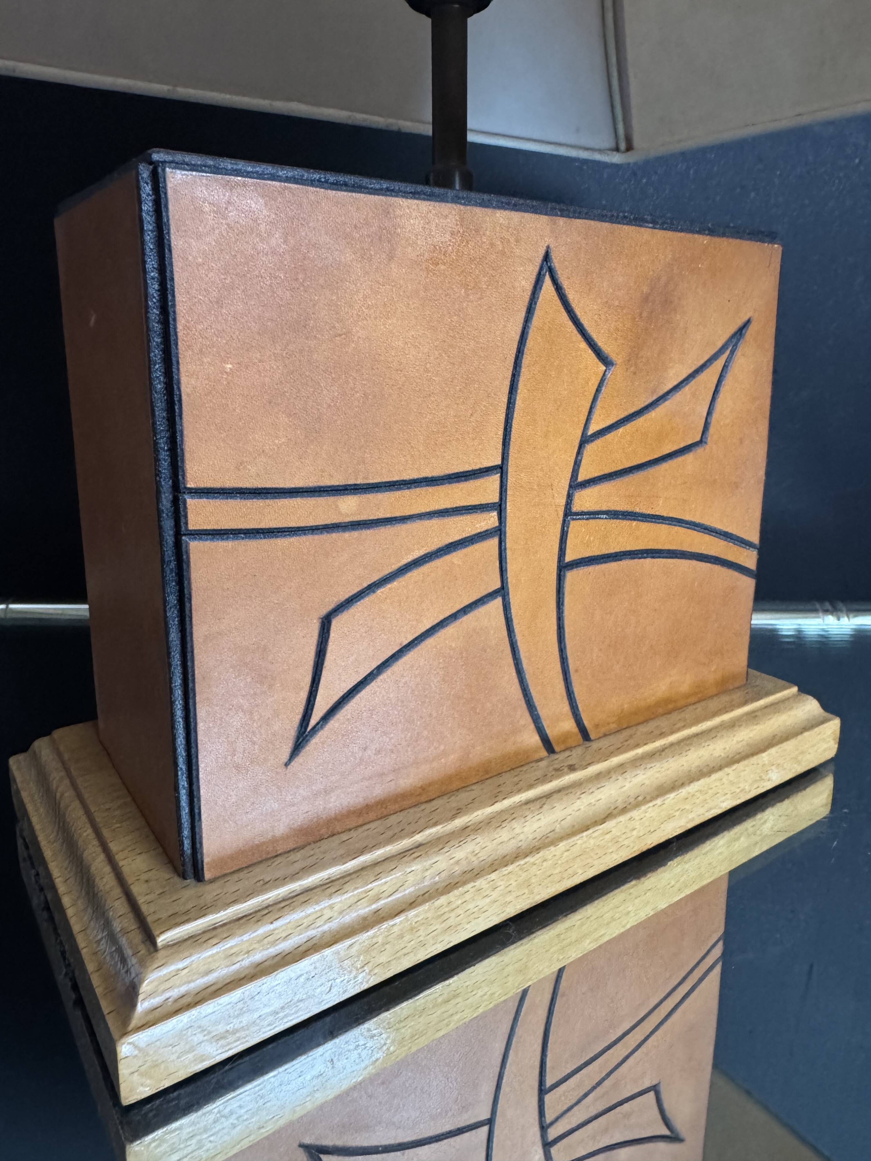 70s leather and wood pagoda lamps