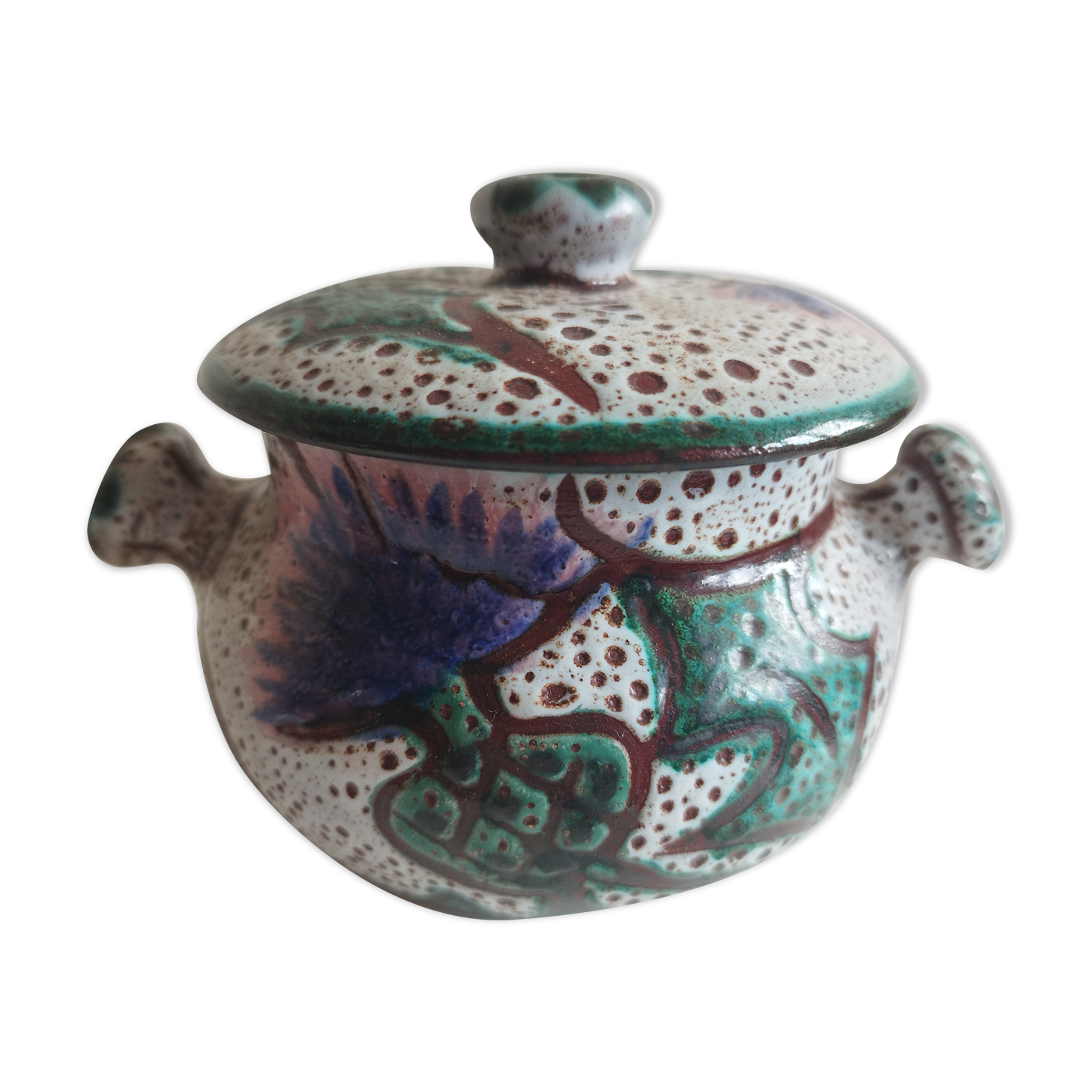 Vallauris lidded pot with thistle decoration