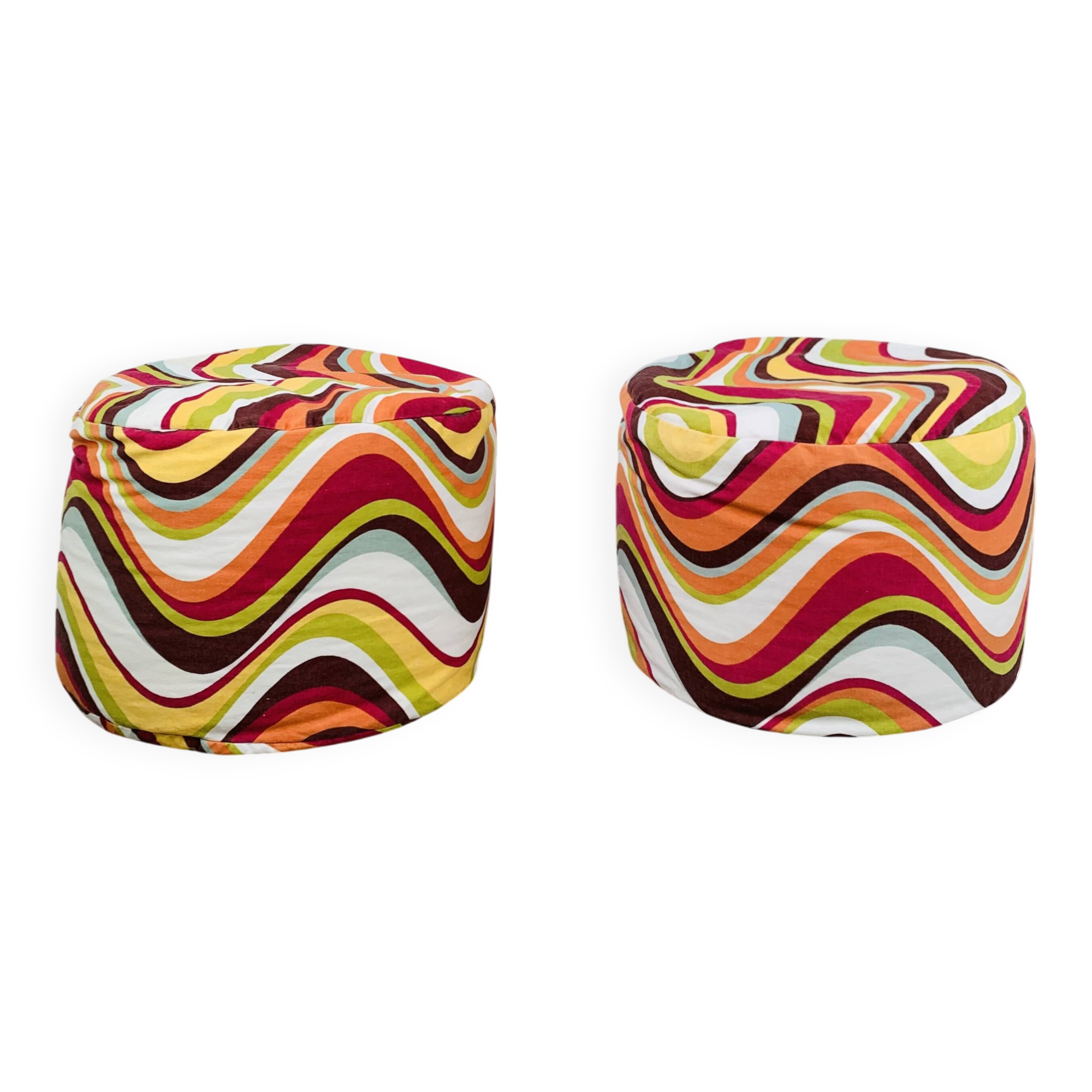 Pair of "psychedelic" fabric poufs from the 70s.