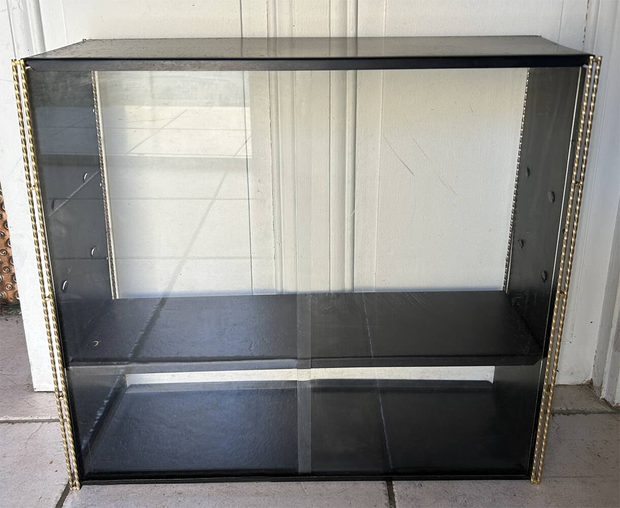 Double gold metal string shelves and black trays, vintage, 60s
