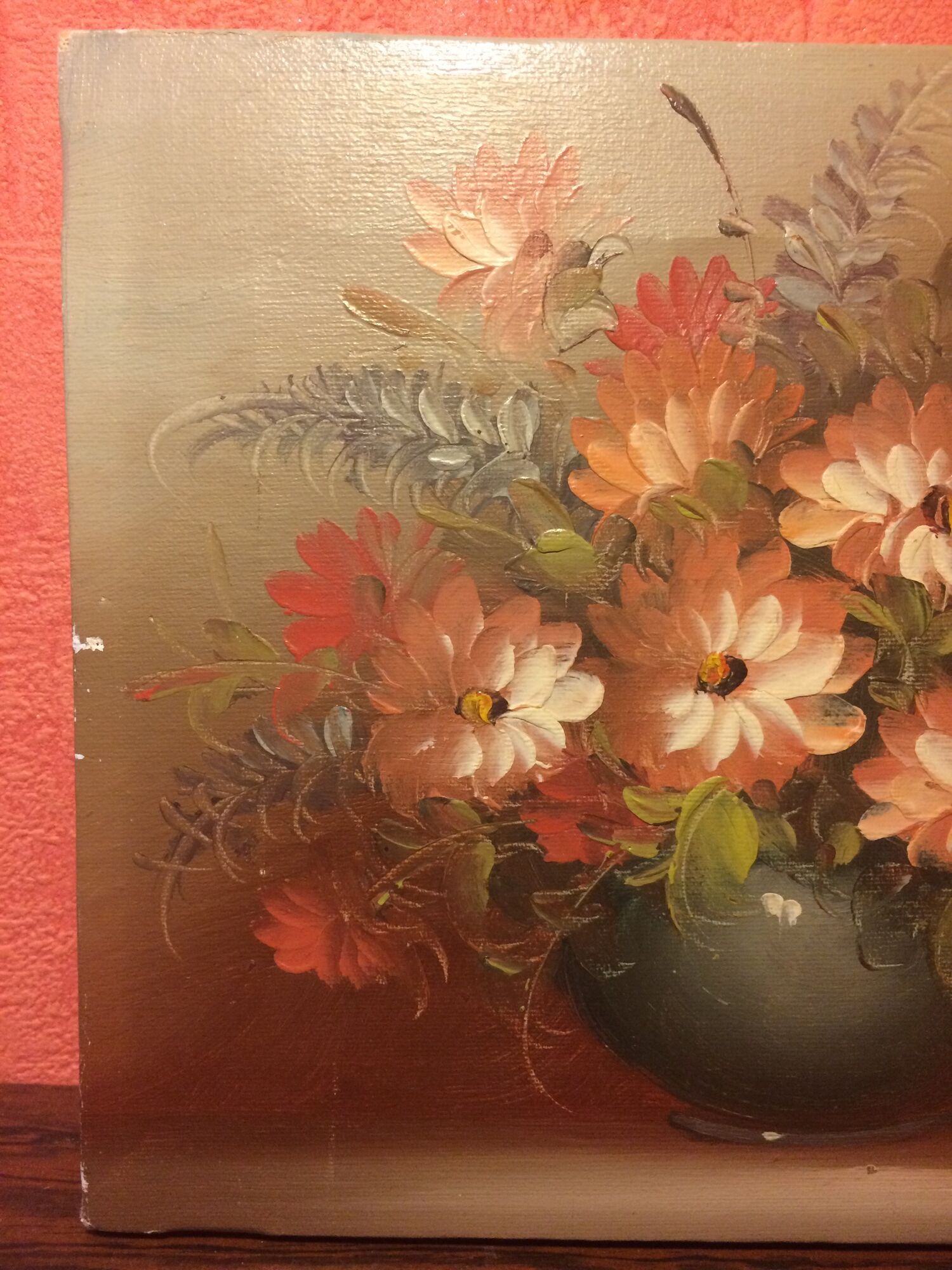 Ancient oil painting Charles Edouard vintage flower bouquet