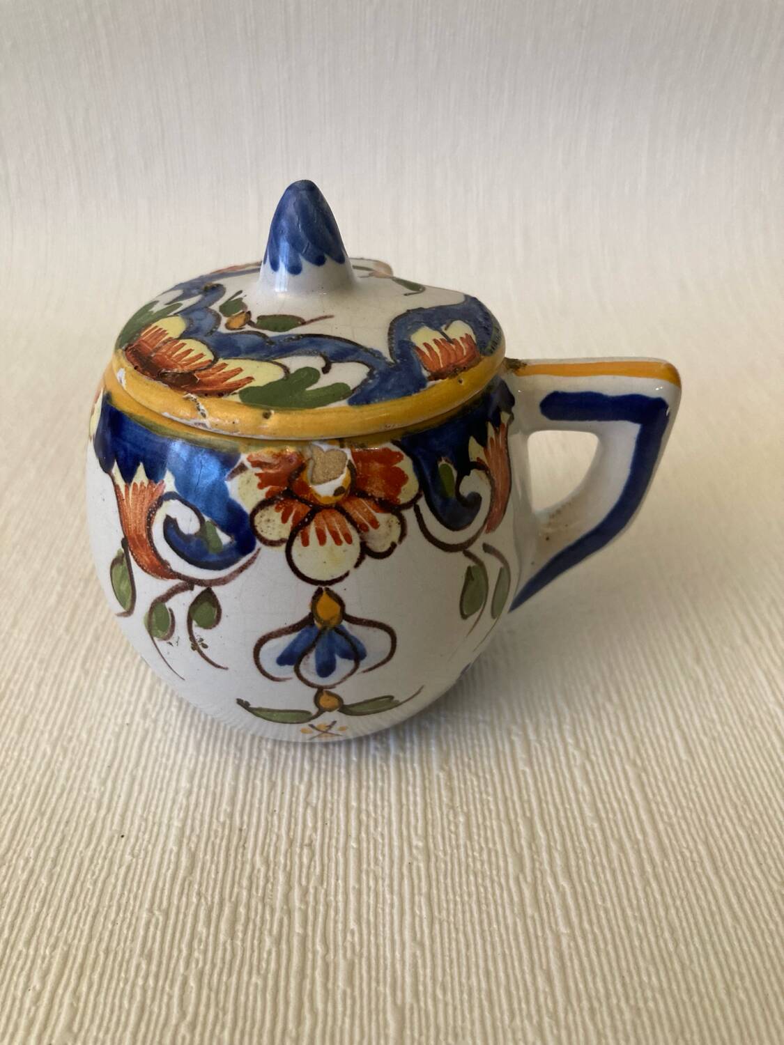 Mustard pot signed Henri Delcourt Hand painted Old Rouen early 20th century