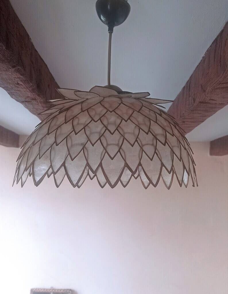 Large old chandelier in the shape of lotus flowers in mother-of-pearl and brass/ lotus flower ceiling light