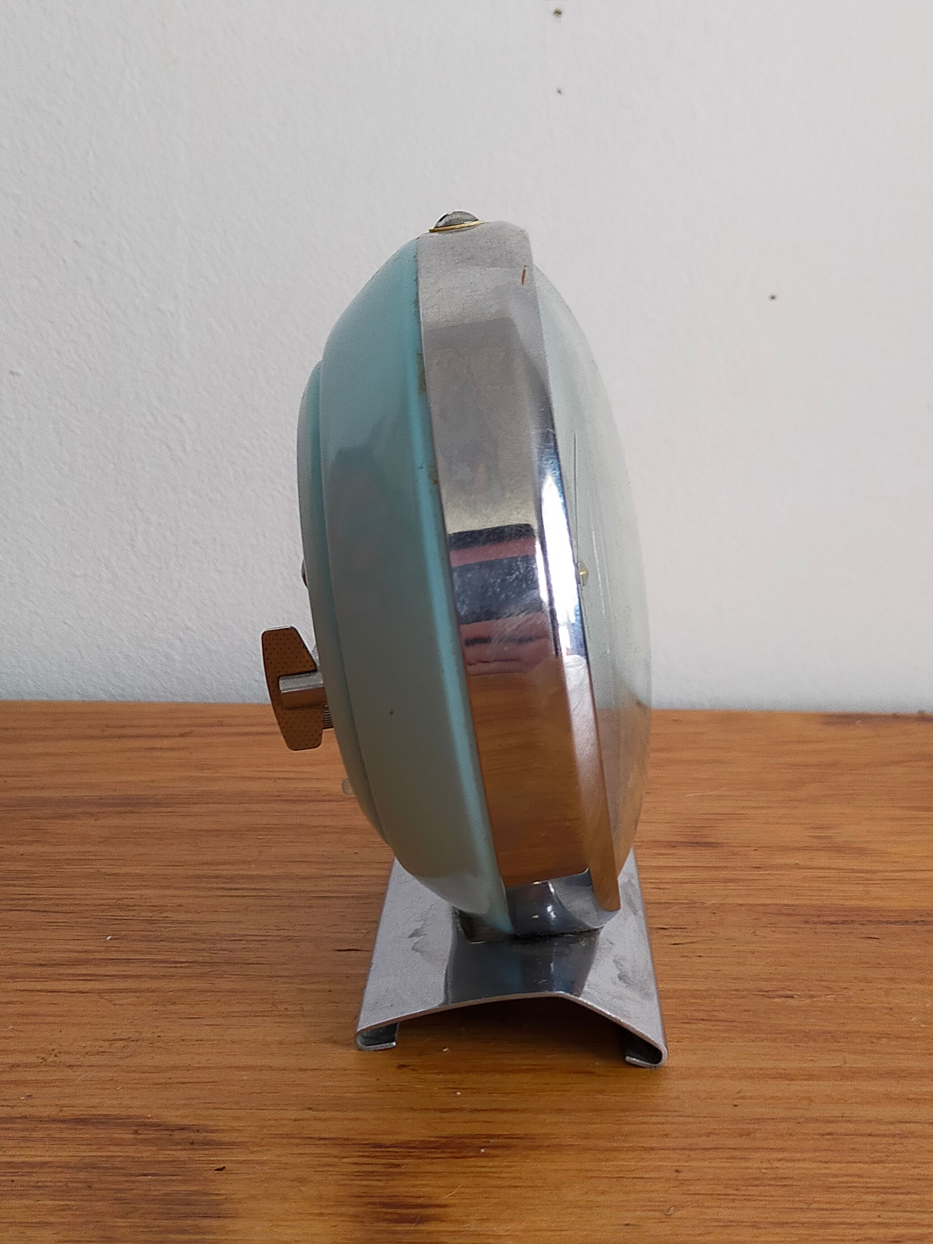 Vintage animated alarm clock in blue owl metal