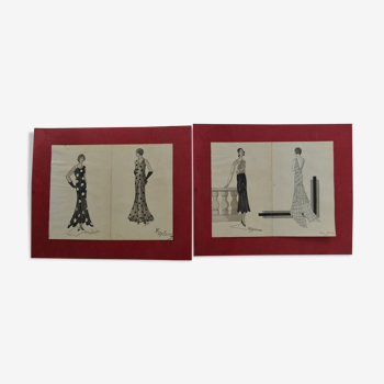 4 dessins de mode à l'encre et au lavis, signés et datés 1930 Marie DELEUSE (XIX-XXème siècle)