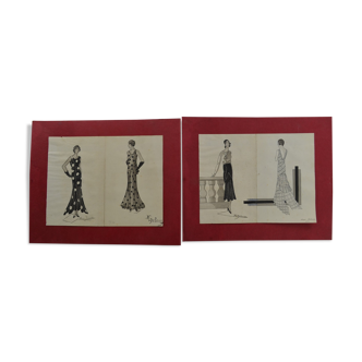 4 fashion drawings in ink and wash, signed and dated 1930 Marie DELEUSE (XIX-XXth century)