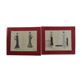 4 dessins de mode à l'encre et au lavis, signés et datés 1930 Marie DELEUSE (XIX-XXème siècle)