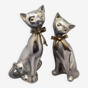 2 cats with bow ties: art-deco: silver metal