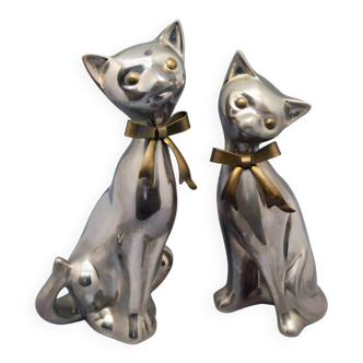 2 chats aux noeud-papillon : art-déco : métal argenté