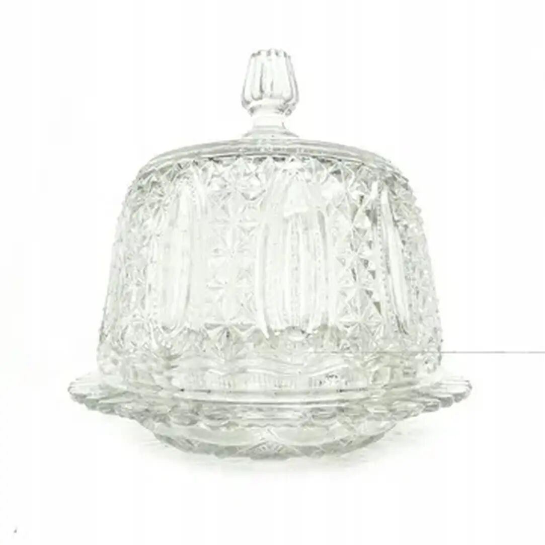 Plat à gâteau avec dôme, Art Déco, verre pressé, Val Saint Lambert, Belgique, années 1950.