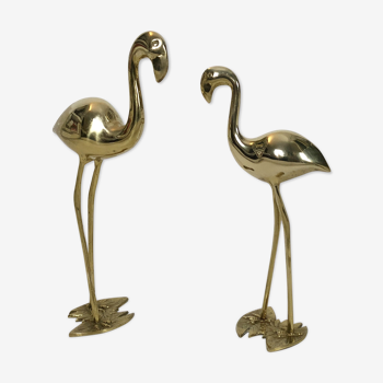 Pair of cranes or Hollywood regency herons in golden brass from the 70