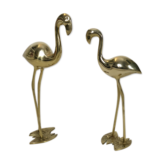 Pair of cranes or Hollywood regency herons in golden brass from the 70