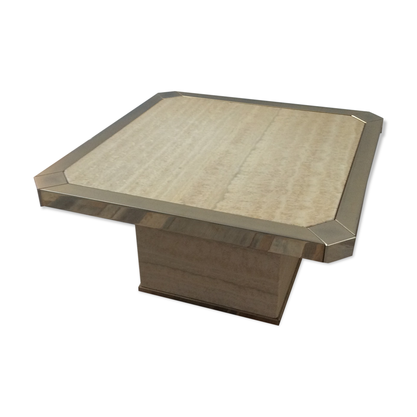 70s Belgochrom coffee table in travertine and gilded contour