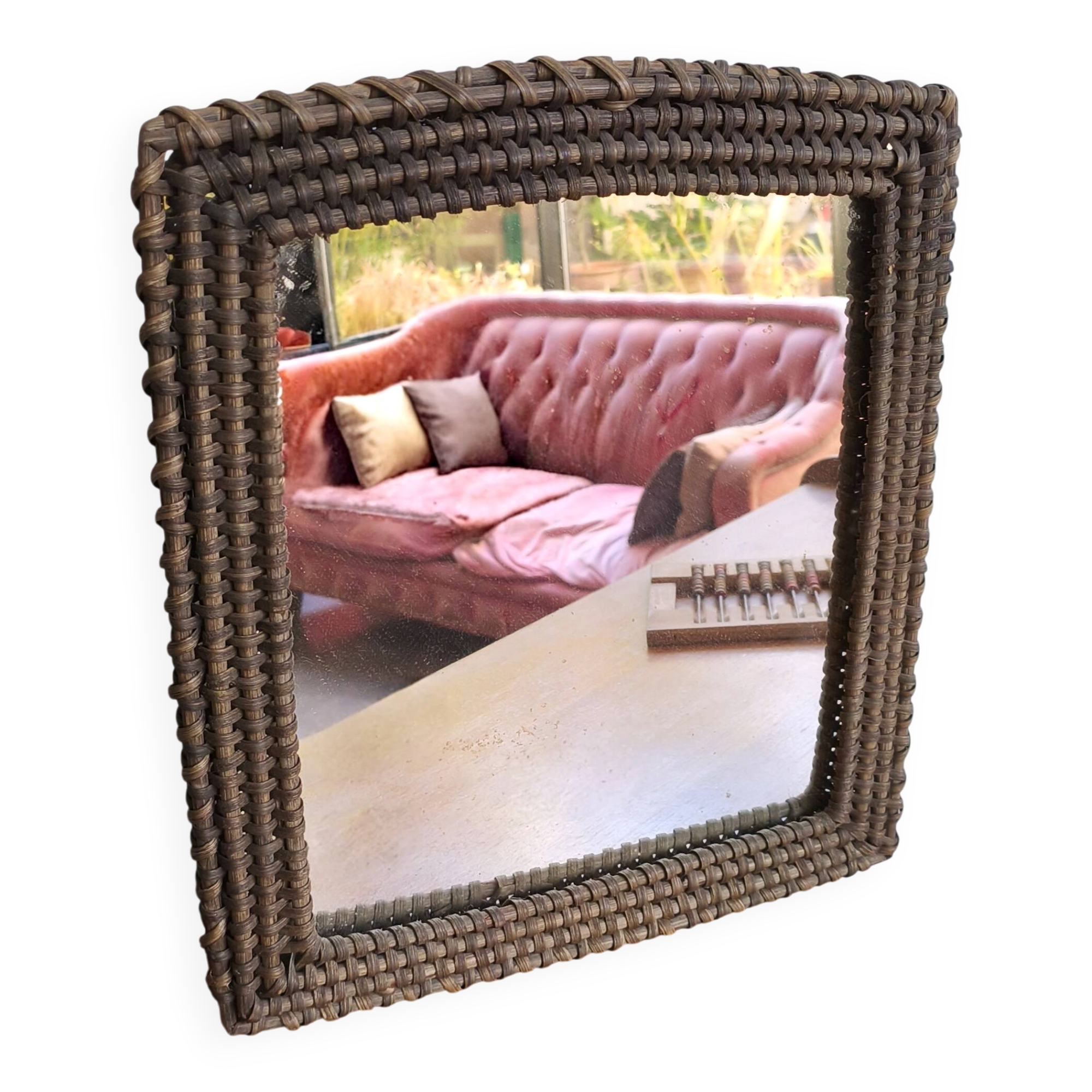 Vintage wicker rattan wall mirror