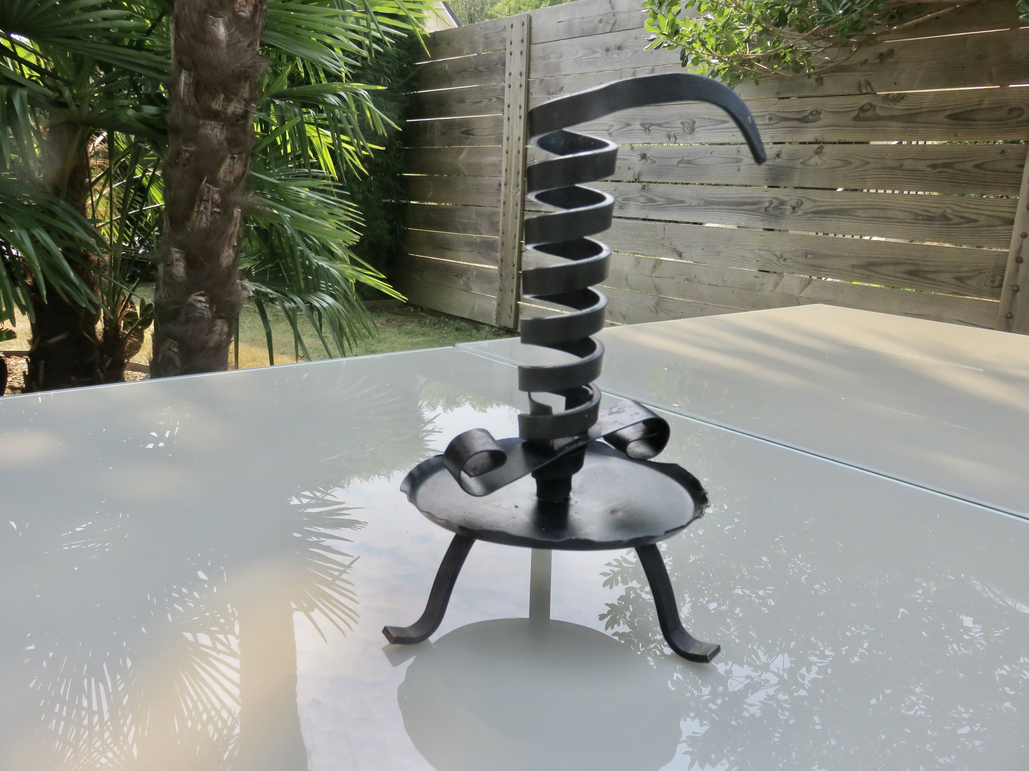 Medieval candlestick, blackened wrought and hammered iron, very good condition