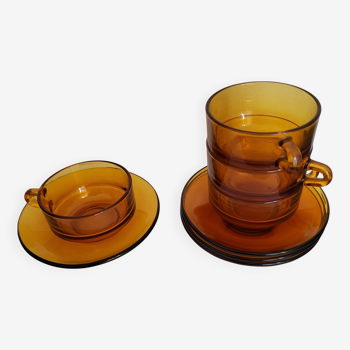Duralex - 4 petites tasses et soucoupes verre orange vintage