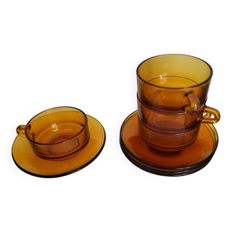Duralex - 4 petites tasses et soucoupes verre orange vintage