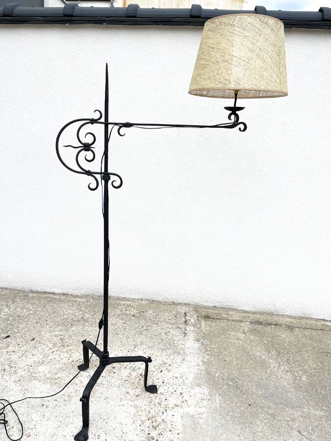 Wrought iron and cane floor lamp, 1970