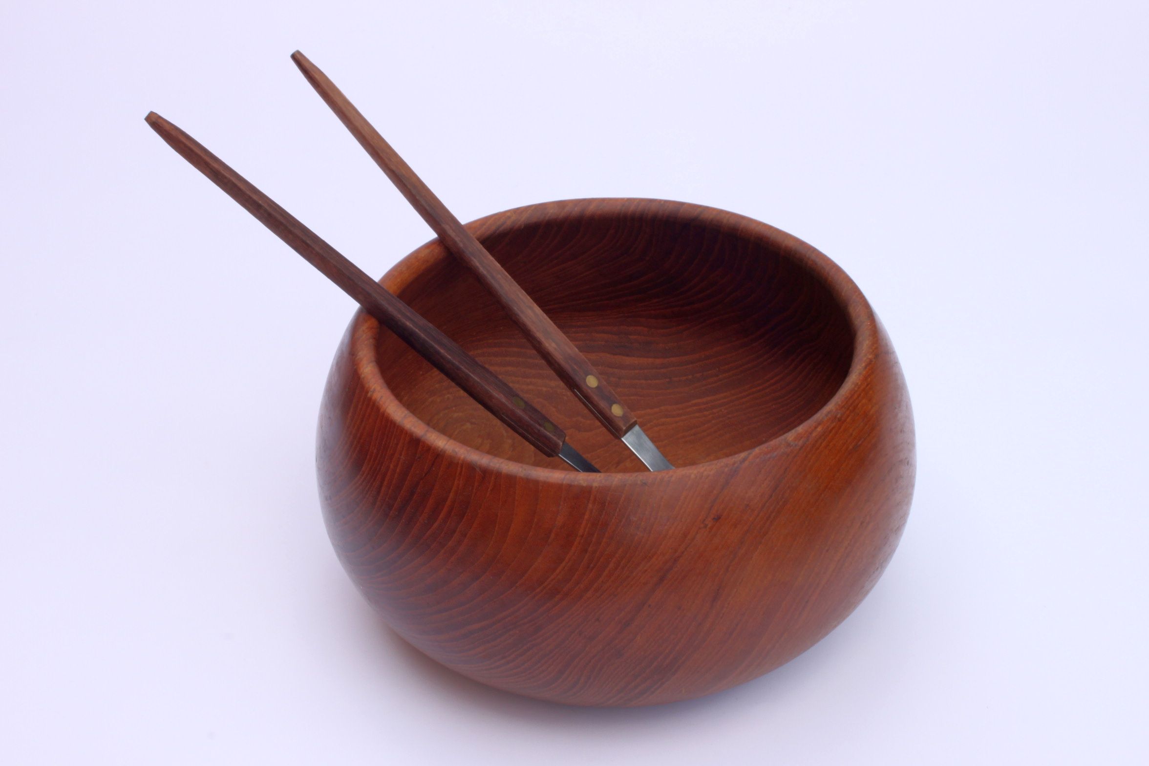 Teak wooden salad bowl and serving spoons, 1970s