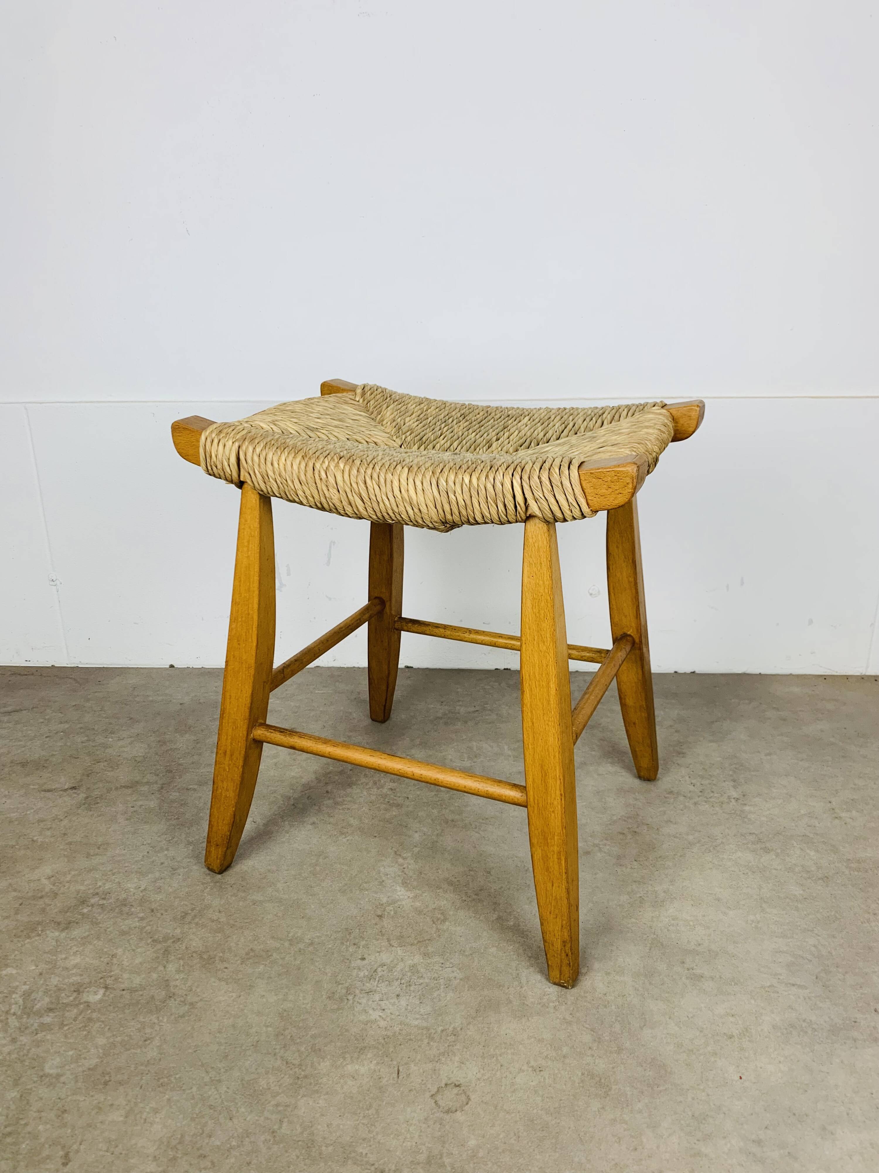 Bull stool straw and wood, Swiss design, 1950s