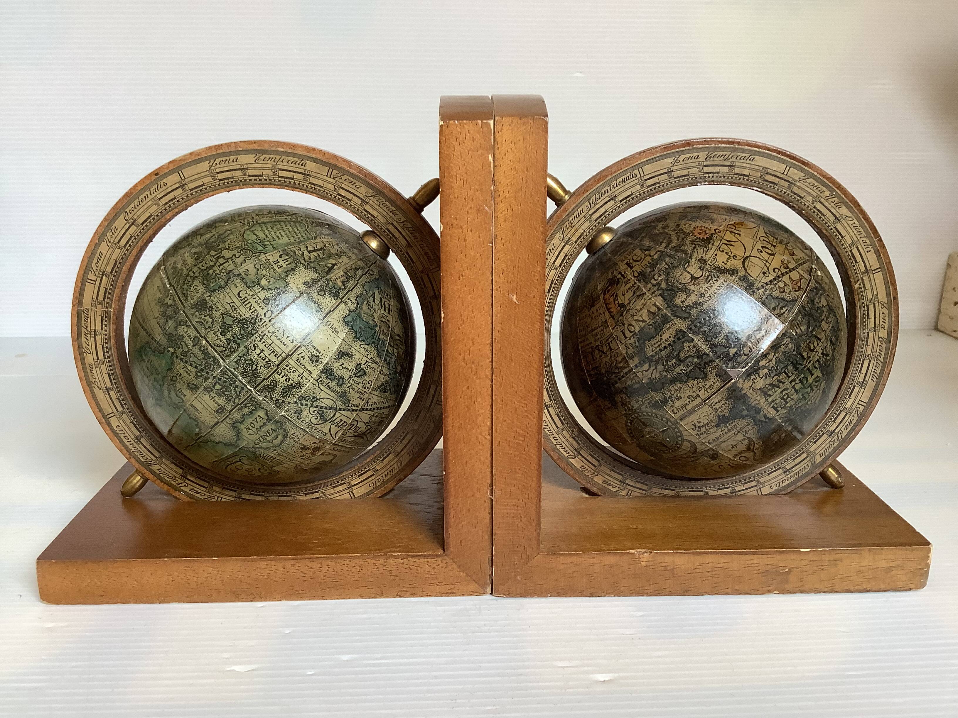 Pair of wooden world map bookends