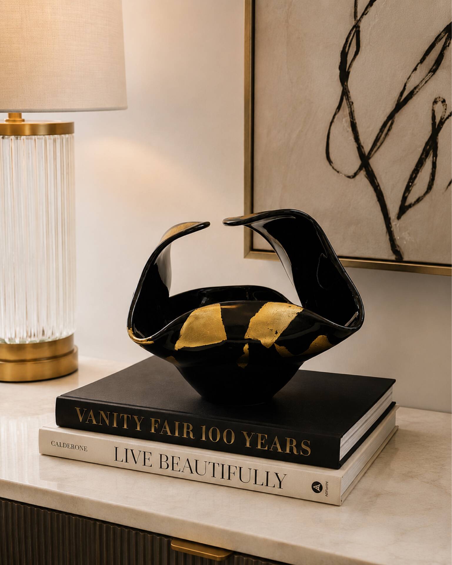 Black Murano-Style Art Glass Centerpiece Bowl with Gold Leaf Accents