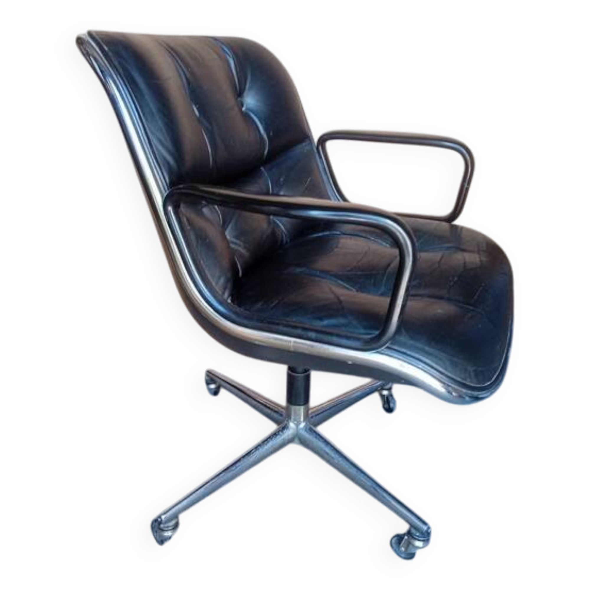 Fauteuil Charles Pollock cuir noir époque 1970