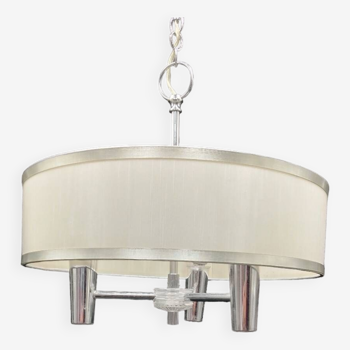 Pendant chandelier saucer Vintage design 3 lights round white silver plastic.